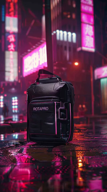 设计潮牌的机械包,品牌LOGO"ROTAPRO"的字样设计感非常强,材质很有质感,超酷,有未来的科技感,背景赛博朋克风格 - AI绘画作品展示 | Midjourney中文版生成