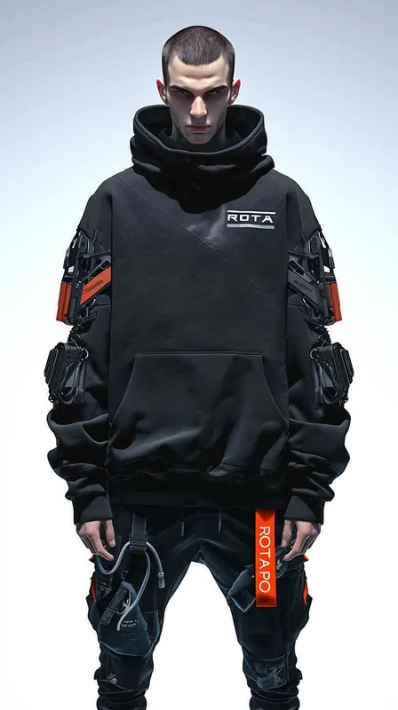 设计潮牌的帽衫,品牌“ROTA PRO”的字样设计感非常强,材质很有质感,在胸前部分,衣服有未来的科技感,衣服悬空在纯色背景空间 - AI绘画作品展示 | Midjourney中文版生成
