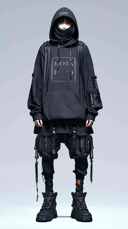 设计潮牌的帽衫，品牌“ROTA PRO”的字体很酷，清晰，设计感非常强，材质很有质感，在胸前部分，衣服有未来的科技感，赛博朋克风格 - style3部分