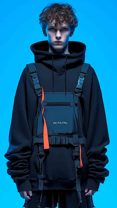 设计潮牌的帽衫，品牌“ROTA PRO”的字体很酷很大，清晰，设计感非常强，材质很有质感，在胸前部分，衣服有未来的科技感，赛博朋克风格 - style2部分