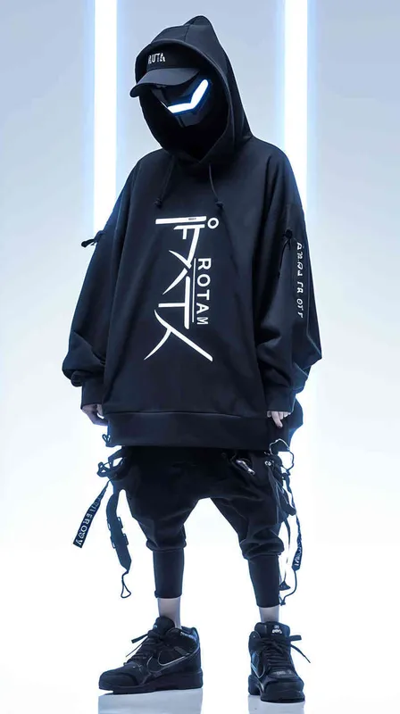 设计潮牌的帽衫，品牌“ROTA PRO”的字体比较大，清晰，设计感非常强，材质很有质感，在胸前部分，衣服有未来的科技感，赛博朋克风格 - style1部分
