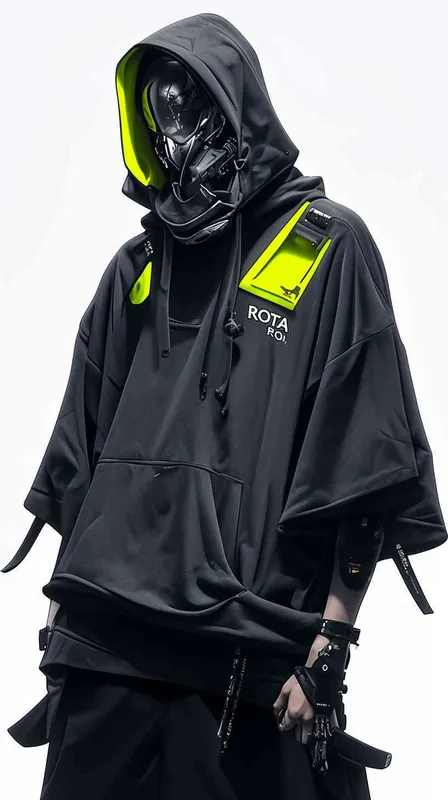设计潮牌的帽衫，品牌“ROTA PRO”的字体比较大，清晰，设计感非常强，材质很有质感，在胸前部分，衣服有未来的科技感，赛博朋克风格 - style3部分