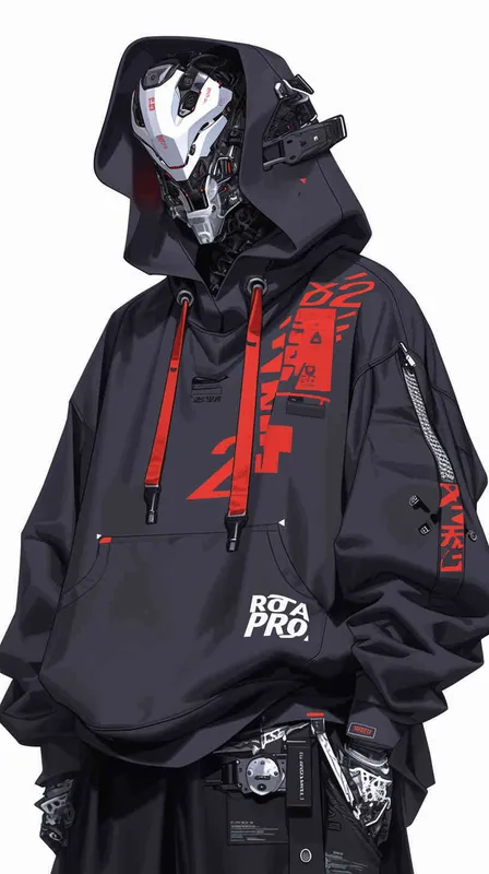 设计潮牌的帽衫，品牌“ROTA PRO”的字体比较大，清晰，设计感非常强，材质很有质感，在胸前部分，衣服有未来的科技感，赛博朋克风格 - style2部分