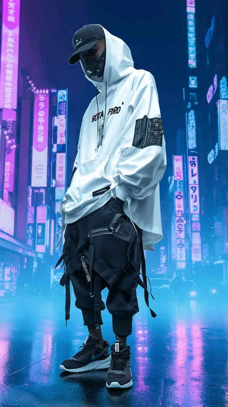 设计潮牌的帽衫，品牌“ROTA PRO”的字体比较大，清晰，设计感非常强，材质很有质感，在胸前部分，衣服有未来的科技感，赛博朋克风格 - style4部分