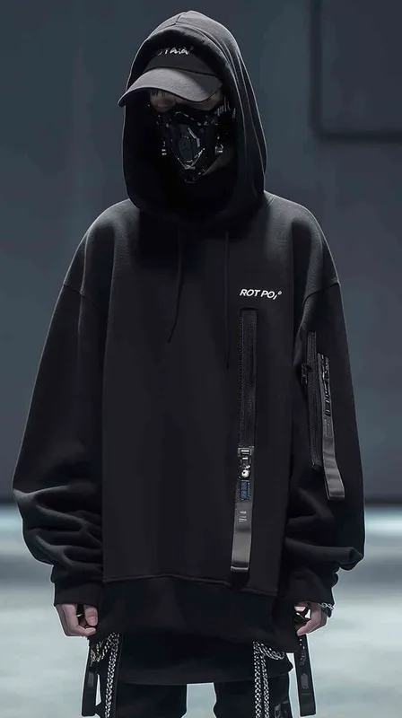 设计潮牌的帽衫，品牌“ROTA PRO”的字体比较大，清晰，设计感非常强，材质很有质感，在胸前部分，衣服有未来的科技感，赛博朋克风格 - style1部分