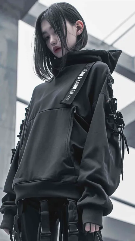 设计潮牌的帽衫，品牌“ROTA PRO”的字体比较大，清晰，设计感非常强，材质很有质感，在胸前部分，衣服有未来的科技感，赛博朋克风格 - style4部分