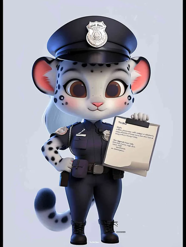 Blind Box Style, full body, chibi, exquisite facial features, snow leopard female police personification image,Hold the folder in the left hand and the iPad in the right hand，wearing black police uniform, black police hat, black armbands, black pants, black leather shoes, Q-version, white background, natural lighting, 8K, best quality, ultra details, 3D, C4D, Blender, OC renderer, ultra-high definition, 3D rendering - style1部分