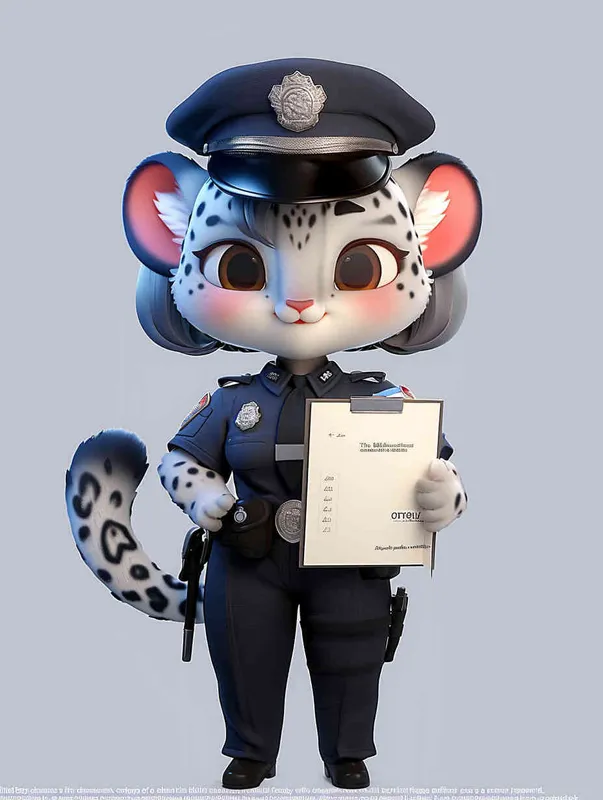 Blind Box Style, full body, chibi, exquisite facial features, snow leopard female police personification image,Hold the folder in the left hand and the iPad in the right hand，wearing black police uniform, black police hat, black armbands, black pants, black leather shoes, Q-version, white background, natural lighting, 8K, best quality, ultra details, 3D, C4D, Blender, OC renderer, ultra-high definition, 3D rendering - style2部分
