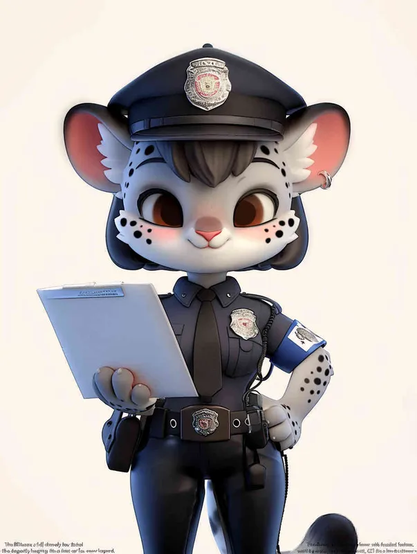 Blind Box Style, full body, chibi, exquisite facial features, snow leopard female police personification image,Hold the folder in the left hand and the iPad in the right hand，wearing black police uniform, black police hat, black armbands, black pants, black leather shoes, Q-version, white background, natural lighting, 8K, best quality, ultra details, 3D, C4D, Blender, OC renderer, ultra-high definition, 3D rendering - style3部分