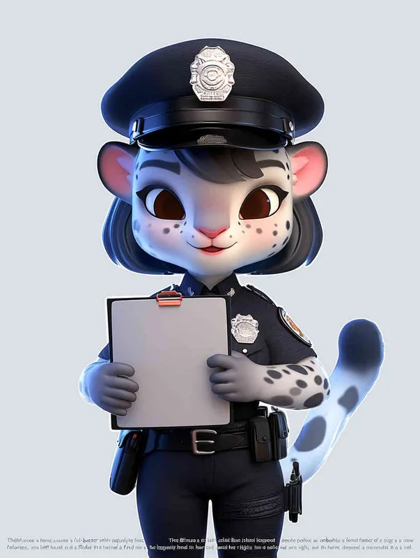 Blind Box Style, full body, chibi, exquisite facial features, snow leopard female police personification image,Hold the folder in the left hand and the iPad in the right hand，wearing black police uniform, black police hat, black armbands, black pants, black leather shoes, Q-version, white background, natural lighting, 8K, best quality, ultra details, 3D, C4D, Blender, OC renderer, ultra-high definition, 3D rendering - style4部分