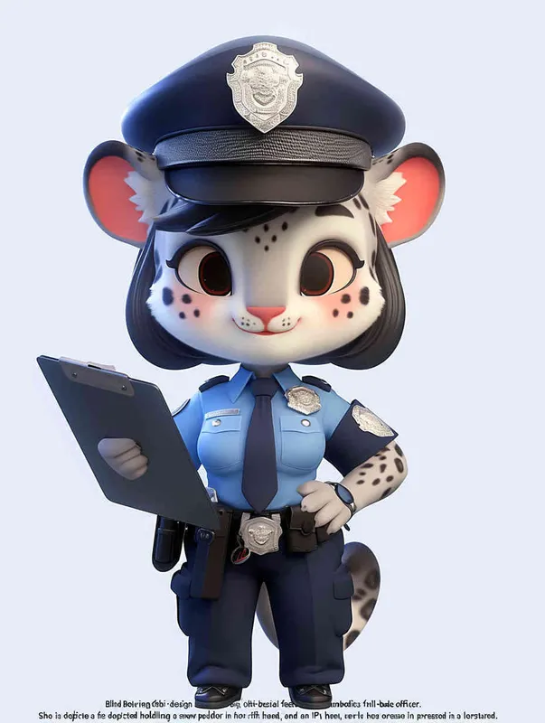 Blind Box Style, full body, chibi, exquisite facial features, snow leopard female police personification image,Hold the folder in the left hand and the iPad in the right hand，wearing blue police uniform, black police hat, black armbands, black trousers,  Q-version, white background, natural lighting, 8K, best quality, ultra details, 3D, C4D, Blender, OC renderer, ultra-high definition, 3D rendering - style1部分