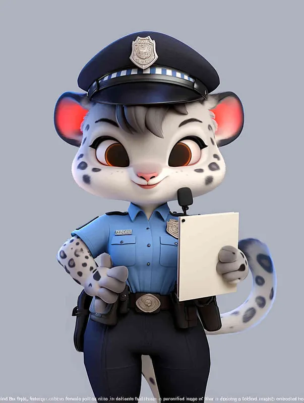 Blind Box Style, full body, chibi, exquisite facial features, snow leopard female police personification image,Hold the folder in the left hand and the iPad in the right hand，wearing blue police uniform, black police hat, black armbands, black trousers,  Q-version, white background, natural lighting, 8K, best quality, ultra details, 3D, C4D, Blender, OC renderer, ultra-high definition, 3D rendering - style2部分