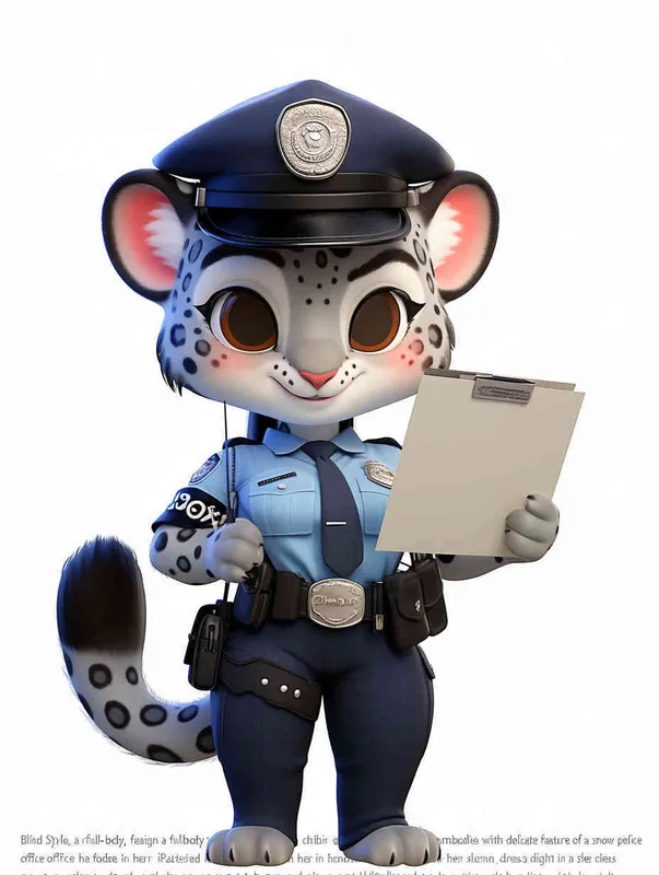 Blind Box Style, full body, chibi, exquisite facial features, snow leopard female police personification image,Hold the folder in the left hand and the iPad in the right hand，wearing blue police uniform, black police hat, black armbands, black trousers,  Q-version, white background, natural lighting, 8K, best quality, ultra details, 3D, C4D, Blender, OC renderer, ultra-high definition, 3D rendering - style3部分