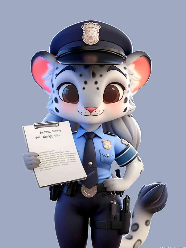 Blind Box Style, full body, chibi, exquisite facial features, snow leopard female police personification image,Hold the folder in the left hand and the iPad in the right hand，wearing blue police uniform, black police hat, black armbands, black trousers,  Q-version, white background, natural lighting, 8K, best quality, ultra details, 3D, C4D, Blender, OC renderer, ultra-high definition, 3D rendering - style4部分