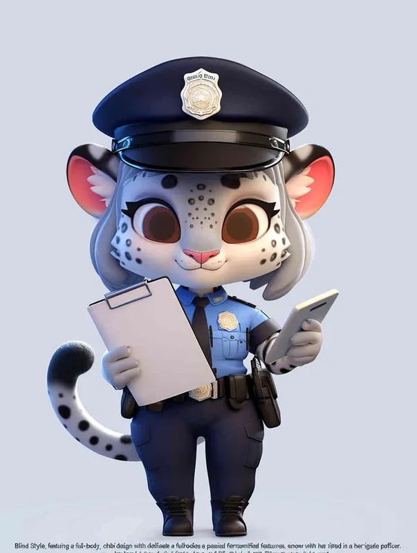 Blind Box Style, full body, chibi, exquisite facial features, snow leopard female police personification image,Hold the folder in the left hand and the iPad in the right hand，wearing blue police uniform, black police hat, black armbands, black trousers,  Q-version, white background, natural lighting, 8K, best quality, ultra details, 3D, C4D, Blender, OC renderer, ultra-high definition, 3D rendering - style1部分