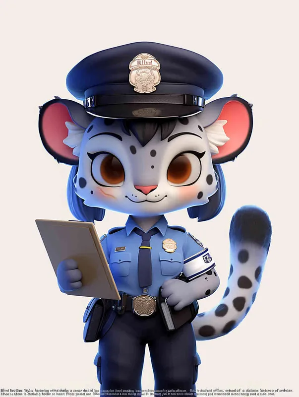 Blind Box Style, full body, chibi, exquisite facial features, snow leopard female police personification image,Hold the folder in the left hand and the iPad in the right hand，wearing blue police uniform, black police hat, black armbands, black trousers,  Q-version, white background, natural lighting, 8K, best quality, ultra details, 3D, C4D, Blender, OC renderer, ultra-high definition, 3D rendering - style2部分