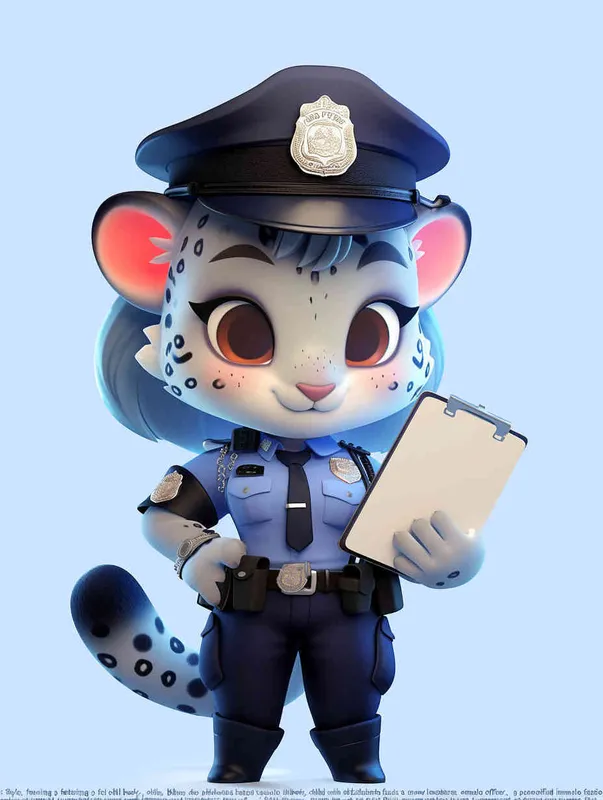 Blind Box Style, full body, chibi, exquisite facial features, snow leopard female police personification image,Hold the folder in the left hand and the iPad in the right hand，wearing blue police uniform, black police hat, black armbands, black trousers,  Q-version, white background, natural lighting, 8K, best quality, ultra details, 3D, C4D, Blender, OC renderer, ultra-high definition, 3D rendering - style3部分