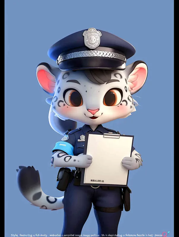 Blind Box Style, full body, chibi, exquisite facial features, snow leopard female police personification image,Hold the folder in the left hand and the iPad in the right hand，wearing blue police uniform, black police hat, black armbands, black trousers,  Q-version, white background, natural lighting, 8K, best quality, ultra details, 3D, C4D, Blender, OC renderer, ultra-high definition, 3D rendering - style4部分