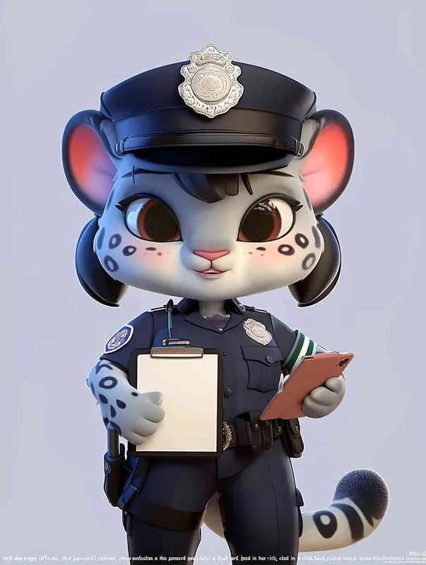 Blind Box Style, full body, chibi, exquisite facial features, snow leopard female police personification image,Hold the folder in the left hand and the iPad in the right hand，wearing black police uniform, black police hat, black armbands, black trousers,  Q-version, white background, natural lighting, 8K, best quality, ultra details, 3D, C4D, Blender, OC renderer, ultra-high definition, 3D rendering - style1部分