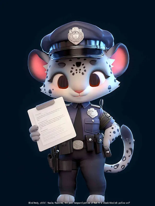 Blind Box Style, full body, chibi, exquisite facial features, snow leopard female police personification image,Hold the folder in the left hand and the iPad in the right hand，wearing black police uniform, black police hat, black armbands, black trousers,  Q-version, white background, natural lighting, 8K, best quality, ultra details, 3D, C4D, Blender, OC renderer, ultra-high definition, 3D rendering - style2部分