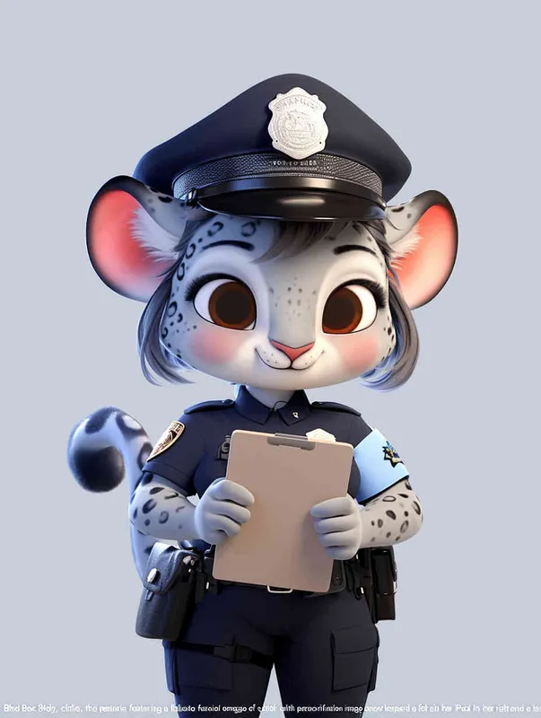 Blind Box Style, full body, chibi, exquisite facial features, snow leopard female police personification image,Hold the folder in the left hand and the iPad in the right hand，wearing black police uniform, black police hat, black armbands, black trousers,  Q-version, white background, natural lighting, 8K, best quality, ultra details, 3D, C4D, Blender, OC renderer, ultra-high definition, 3D rendering - style3部分