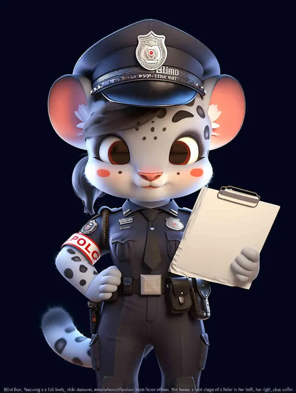 Blind Box Style, full body, chibi, exquisite facial features, snow leopard female police personification image,Hold the folder in the left hand and the iPad in the right hand，wearing black police uniform, black police hat, black armbands, black trousers,  Q-version, white background, natural lighting, 8K, best quality, ultra details, 3D, C4D, Blender, OC renderer, ultra-high definition, 3D rendering - style4部分