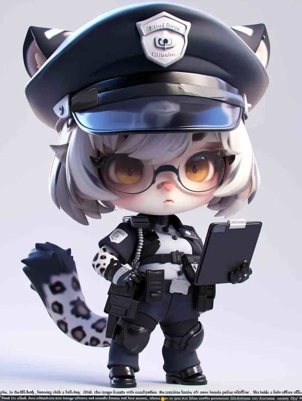 Blind Box Style, full body, chibi, exquisite facial features, snow leopard female police personification image,Hold the folder in the left hand and the iPad in the right hand，wearing black police uniform, black police hat, black armbands, black trousers,  Q-version, white background, natural lighting, 8K, best quality, ultra details, 3D, C4D, Blender, OC renderer, ultra-high definition, 3D rendering - style1部分