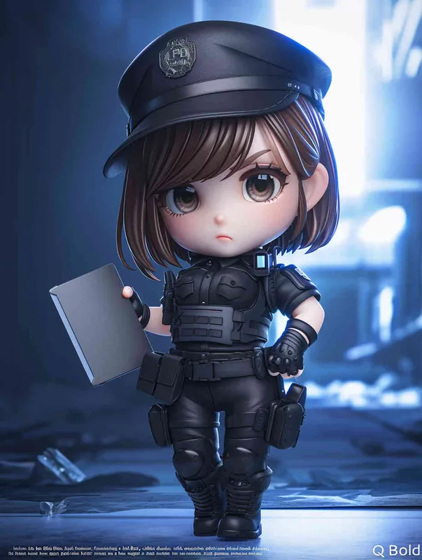 Blind Box Style, full body, chibi, exquisite facial features, snow leopard female police personification image,Hold the folder in the left hand and the iPad in the right hand，wearing black police uniform, black police hat, black armbands, black trousers,  Q-version, white background, natural lighting, 8K, best quality, ultra details, 3D, C4D, Blender, OC renderer, ultra-high definition, 3D rendering - style2部分