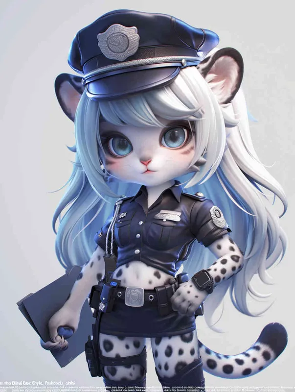 Blind Box Style, full body, chibi, exquisite facial features, snow leopard female police personification image,Hold the folder in the left hand and the iPad in the right hand，wearing black police uniform, black police hat, black armbands, black trousers,  Q-version, white background, natural lighting, 8K, best quality, ultra details, 3D, C4D, Blender, OC renderer, ultra-high definition, 3D rendering - style3部分
