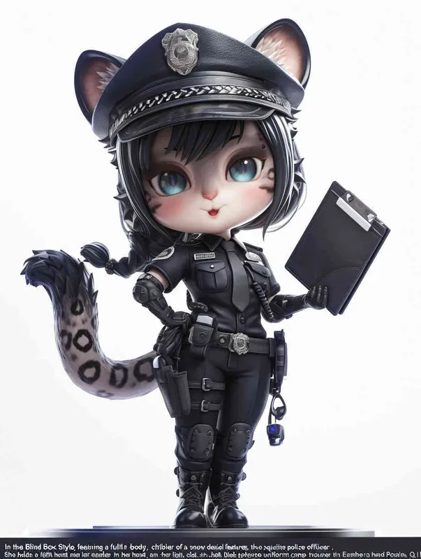 Blind Box Style, full body, chibi, exquisite facial features, snow leopard female police personification image,Hold the folder in the left hand and the iPad in the right hand，wearing black police uniform, black police hat, black armbands, black trousers,  Q-version, white background, natural lighting, 8K, best quality, ultra details, 3D, C4D, Blender, OC renderer, ultra-high definition, 3D rendering - style4部分