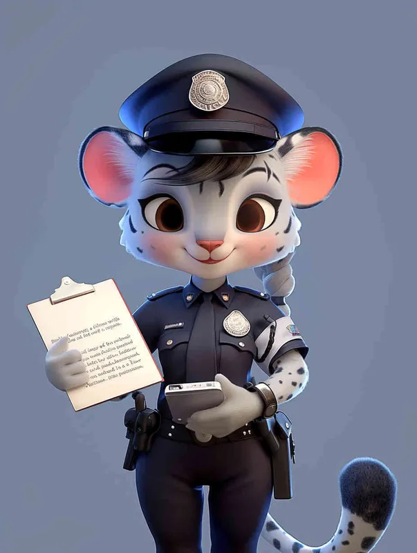 Blind Box Style, full body, chibi, exquisite facial features, snow leopard female police personification image,Hold the folder in the left hand and the iPad in the right hand，wearing black police uniform, black police hat, black armbands, black trousers,  Q-version, white background, natural lighting, 8K, best quality, ultra details, 3D, C4D, Blender, OC renderer, ultra-high definition, 3D rendering - style1部分