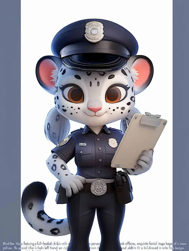 Blind Box Style, full body, chibi, exquisite facial features, snow leopard female police personification image,Hold the folder in the left hand and the iPad in the right hand，wearing black police uniform, black police hat, black armbands, black trousers,  Q-version, white background, natural lighting, 8K, best quality, ultra details, 3D, C4D, Blender, OC renderer, ultra-high definition, 3D rendering - style2部分