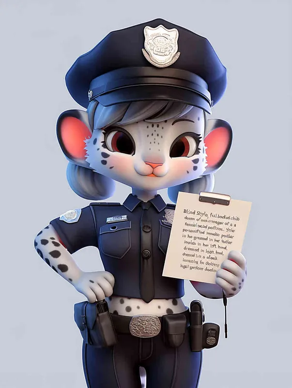 Blind Box Style, full body, chibi, exquisite facial features, snow leopard female police personification image,Hold the folder in the left hand and the iPad in the right hand，wearing black police uniform, black police hat, black armbands, black trousers,  Q-version, white background, natural lighting, 8K, best quality, ultra details, 3D, C4D, Blender, OC renderer, ultra-high definition, 3D rendering - style3部分