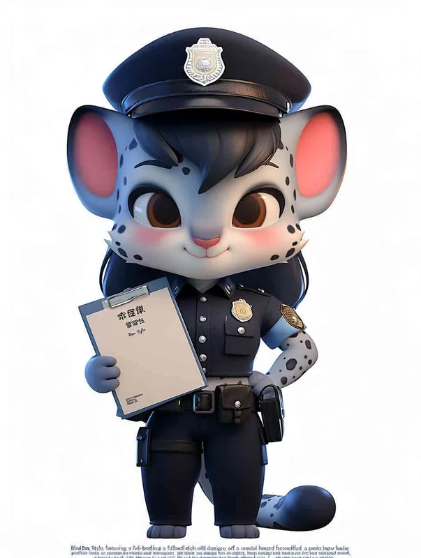 Blind Box Style, full body, chibi, exquisite facial features, snow leopard female police personification image,Hold the folder in the left hand and the iPad in the right hand，wearing black police uniform, black police hat, black armbands, black trousers,  Q-version, white background, natural lighting, 8K, best quality, ultra details, 3D, C4D, Blender, OC renderer, ultra-high definition, 3D rendering - style4部分