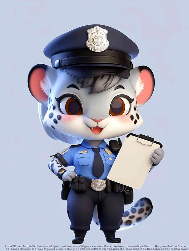 Blind Box Style, full body, chibi, exquisite facial features, snow leopard female police personification image,Hold the folder in the left hand and the iPad in the right hand，wearing blue police uniform, black police hat, black armbands, black trousers,  Q-version, white background, natural lighting, 8K, best quality, ultra details, 3D, C4D, Blender, OC renderer, ultra-high definition, 3D rendering - style2部分