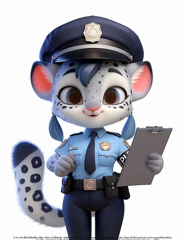 Blind Box Style, full body, chibi, exquisite facial features, snow leopard female police personification image,Hold the folder in the left hand and the iPad in the right hand，wearing blue police uniform, black police hat, black armbands, black trousers,  Q-version, white background, natural lighting, 8K, best quality, ultra details, 3D, C4D, Blender, OC renderer, ultra-high definition, 3D rendering - style3部分