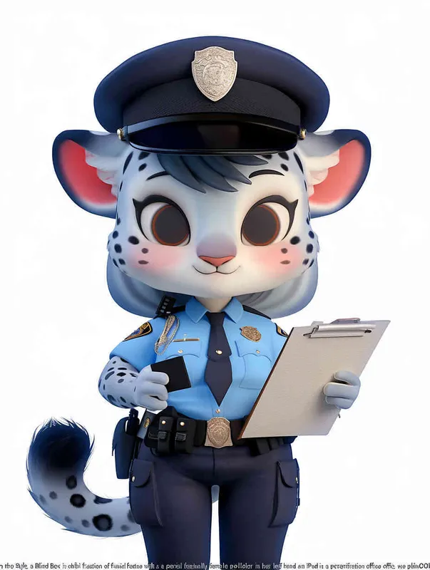 Blind Box Style, full body, chibi, exquisite facial features, snow leopard female police personification image,Hold the folder in the left hand and the iPad in the right hand，wearing blue police uniform, black police hat, black armbands, black trousers,  Q-version, white background, natural lighting, 8K, best quality, ultra details, 3D, C4D, Blender, OC renderer, ultra-high definition, 3D rendering - style4部分