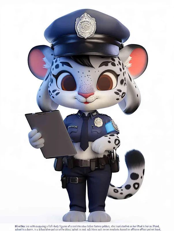 Blind Box Style, full body, chibi, exquisite facial features, snow leopard female police personification image,Hold the folder in the left hand and the iPad in the right hand，wearing blue police uniform, black police hat, black armbands, black trousers,  Q-version, white background, natural lighting, 8K, best quality, ultra details, 3D, C4D, Blender, OC renderer, ultra-high definition, 3D rendering - style1部分