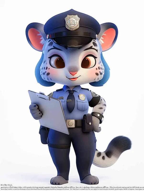 Blind Box Style, full body, chibi, exquisite facial features, snow leopard female police personification image,Hold the folder in the left hand and the iPad in the right hand，wearing blue police uniform, black police hat, black armbands, black trousers,  Q-version, white background, natural lighting, 8K, best quality, ultra details, 3D, C4D, Blender, OC renderer, ultra-high definition, 3D rendering - style2部分