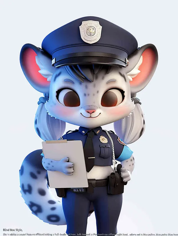 Blind Box Style, full body, chibi, exquisite facial features, snow leopard female police personification image,Hold the folder in the left hand and the iPad in the right hand，wearing blue police uniform, black police hat, black armbands, black trousers,  Q-version, white background, natural lighting, 8K, best quality, ultra details, 3D, C4D, Blender, OC renderer, ultra-high definition, 3D rendering - style3部分