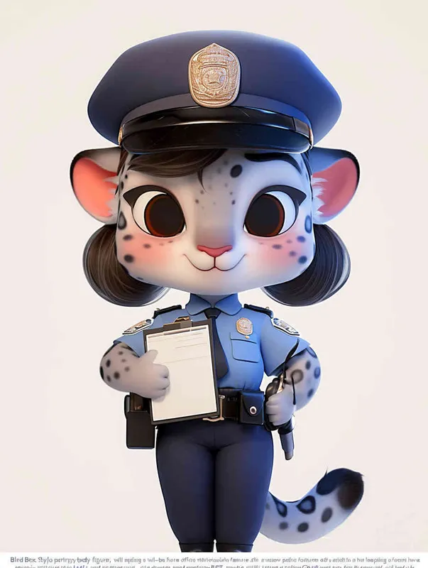 Blind Box Style, full body, chibi, exquisite facial features, snow leopard female police personification image,Hold the folder in the left hand and the iPad in the right hand，wearing blue police uniform, black police hat, black armbands, black trousers,  Q-version, white background, natural lighting, 8K, best quality, ultra details, 3D, C4D, Blender, OC renderer, ultra-high definition, 3D rendering - style4部分