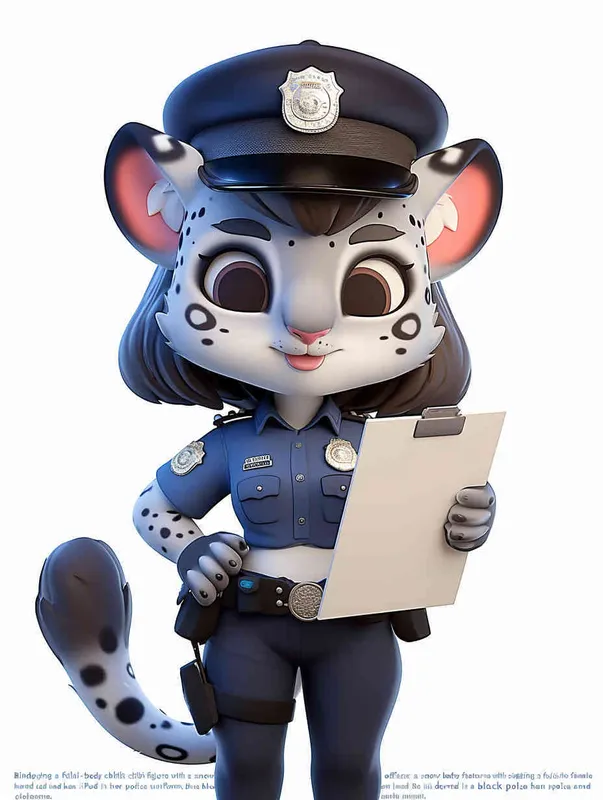 Blind Box Style, full body, chibi, exquisite facial features, snow leopard female police personification image,Hold the folder in the left hand and the iPad in the right hand，wearing blue police uniform, black police hat, black armbands, black trousers,  Q-version, white background, natural lighting, 8K, best quality, ultra details, 3D, C4D, Blender, OC renderer, ultra-high definition, 3D rendering - style1部分