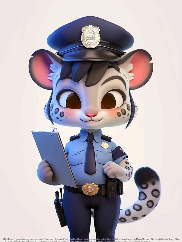 Blind Box Style, full body, chibi, exquisite facial features, snow leopard female police personification image,Hold the folder in the left hand and the iPad in the right hand，wearing blue police uniform, black police hat, black armbands, black trousers,  Q-version, white background, natural lighting, 8K, best quality, ultra details, 3D, C4D, Blender, OC renderer, ultra-high definition, 3D rendering - style3部分