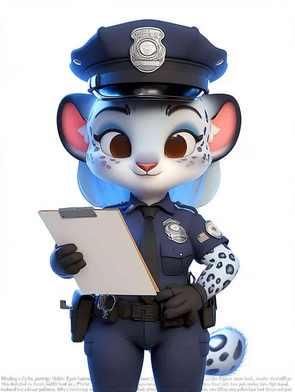 Blind Box Style, full body, chibi, exquisite facial features, snow leopard female police personification image,Hold the folder in the left hand and the iPad in the right hand，wearing blue police uniform, black police hat, black armbands, black trousers,  Q-version, white background, natural lighting, 8K, best quality, ultra details, 3D, C4D, Blender, OC renderer, ultra-high definition, 3D rendering - style4部分