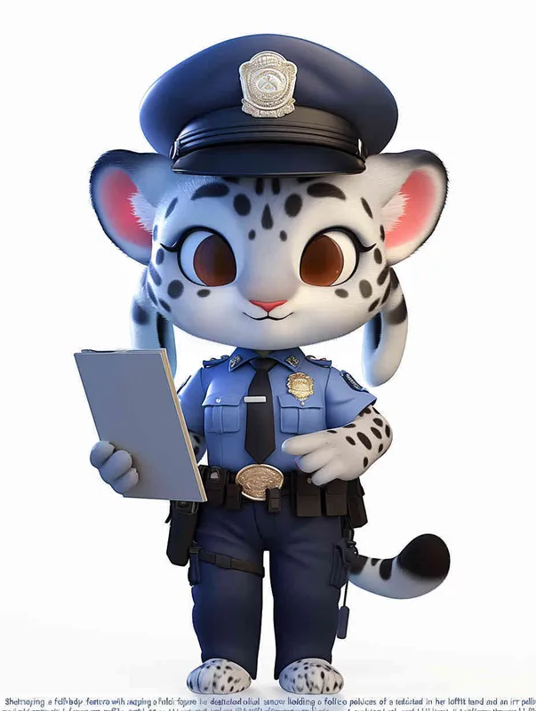 Blind Box Style, full body, chibi, exquisite facial features, snow leopard female police personification image,Hold the folder in the left hand and the iPad in the right hand，wearing blue police uniform, black police hat, black armbands, black trousers,  Q-version, white background, natural lighting, 8K, best quality, ultra details, 3D, C4D, Blender, OC renderer, ultra-high definition, 3D rendering - style1部分