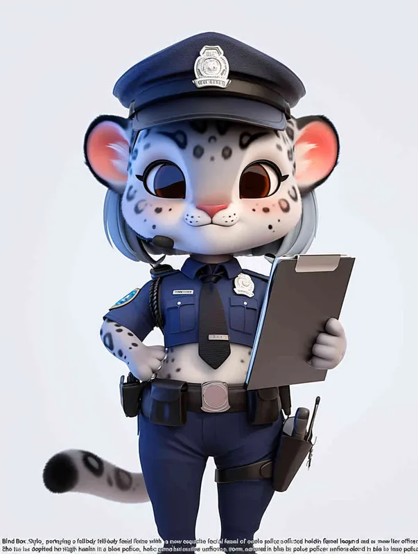 Blind Box Style, full body, chibi, exquisite facial features, snow leopard female police personification image,Hold the folder in the left hand and the iPad in the right hand，wearing blue police uniform, black police hat, black armbands, black trousers,  Q-version, white background, natural lighting, 8K, best quality, ultra details, 3D, C4D, Blender, OC renderer, ultra-high definition, 3D rendering - style2部分