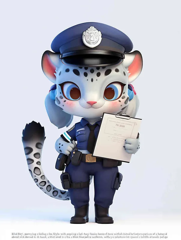 Blind Box Style, full body, chibi, exquisite facial features, snow leopard female police personification image,Hold the folder in the left hand and the iPad in the right hand，wearing blue police uniform, black police hat, black armbands, black trousers,  Q-version, white background, natural lighting, 8K, best quality, ultra details, 3D, C4D, Blender, OC renderer, ultra-high definition, 3D rendering - style3部分
