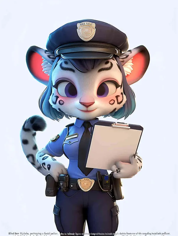 Blind Box Style, full body, chibi, exquisite facial features, snow leopard female police personification image,Hold the folder in the left hand and the iPad in the right hand，wearing blue police uniform, black police hat, black armbands, black trousers,  Q-version, white background, natural lighting, 8K, best quality, ultra details, 3D, C4D, Blender, OC renderer, ultra-high definition, 3D rendering - style4部分