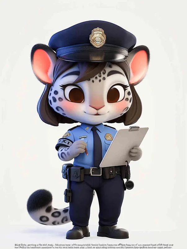 Blind Box Style, full body, chibi, exquisite facial features, snow leopard female police personification image,Hold the folder in the left hand and the iPad in the right hand，wearing blue police uniform, black police hat, black armbands, black trousers,  Q-version, white background, natural lighting, 8K, best quality, ultra details, 3D, C4D, Blender, OC renderer, ultra-high definition, 3D rendering - style1部分