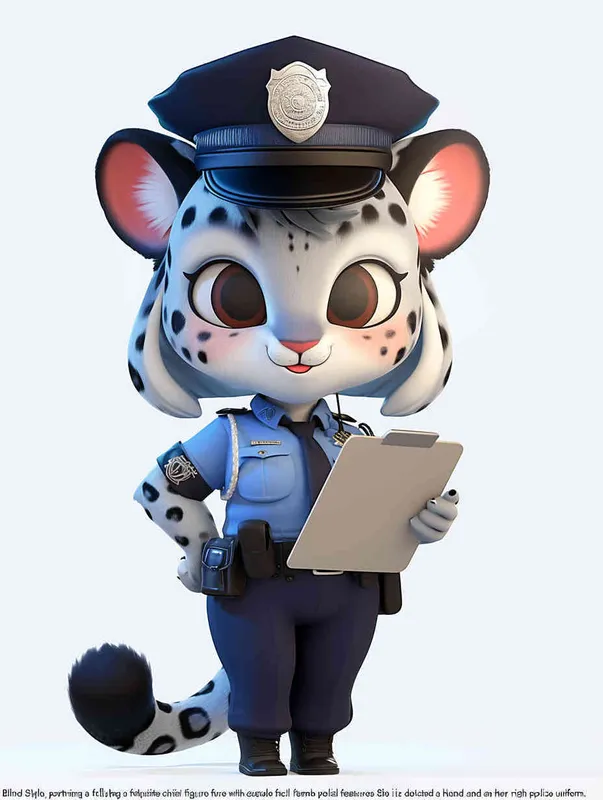 Blind Box Style, full body, chibi, exquisite facial features, snow leopard female police personification image,Hold the folder in the left hand and the iPad in the right hand，wearing blue police uniform, black police hat, black armbands, black trousers,  Q-version, white background, natural lighting, 8K, best quality, ultra details, 3D, C4D, Blender, OC renderer, ultra-high definition, 3D rendering - style2部分